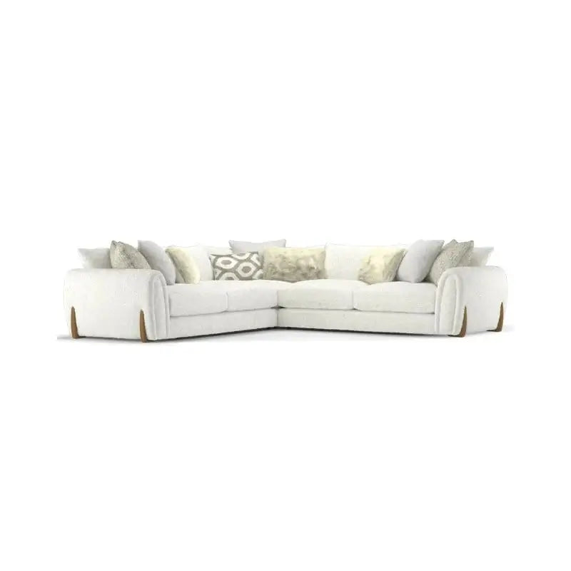 Corner sofa with curved arms and wooden accent details, upholstery texture detail