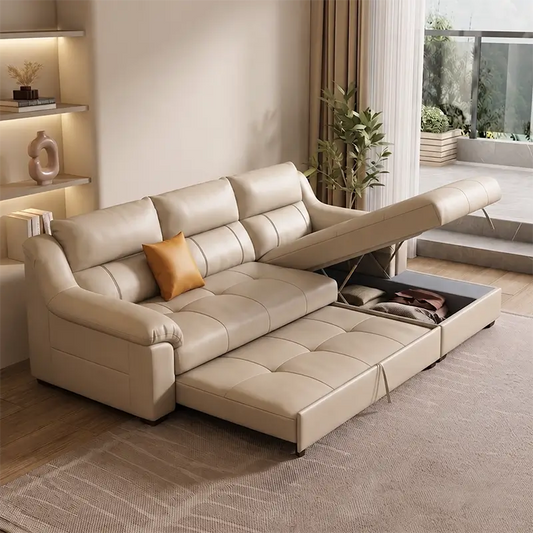 Enzo Sofa Cumm Bed with premium L shape sofa cum bed design, convertible couch bed features, quilted seat cushions, hidden storage and recliner comfort.