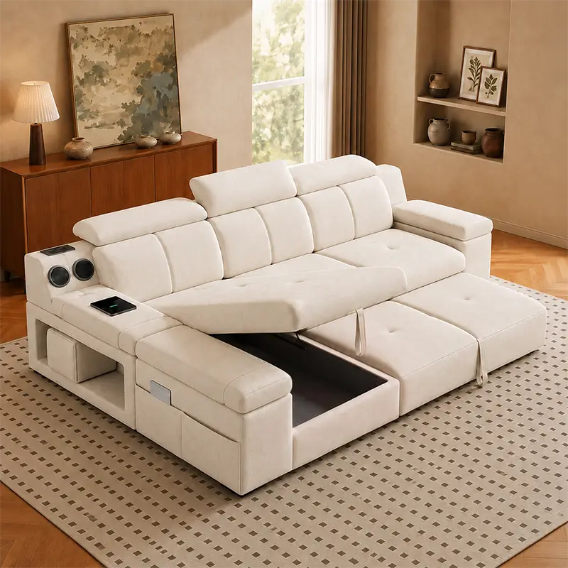 A large cream-colored modular sectional sofa with tufted cushions, styled in a warm, modern living room with a patterned rug, wooden floor, and built-in shelving.