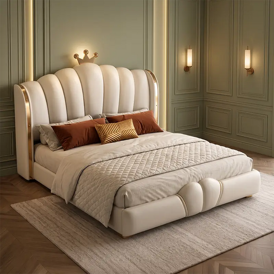 Dane upholstered bed with vertical padded panels and gold trim handcrafted at Gattahalli studio