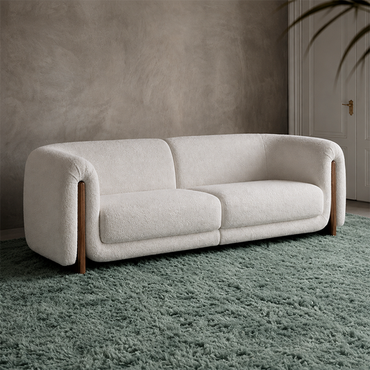 Ellis 3 seater fabric sofa with rounded armrests handcrafted at Wexley studio in Gattahalli Bangalore