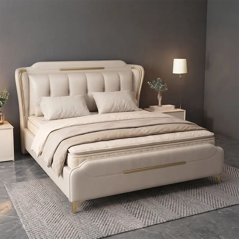 upholstered bed shown in a spacious bed layout with stitched padded headboard